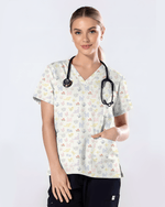 Charming Gingham Cat Dainty Floral Scrub Top - Scrubloop