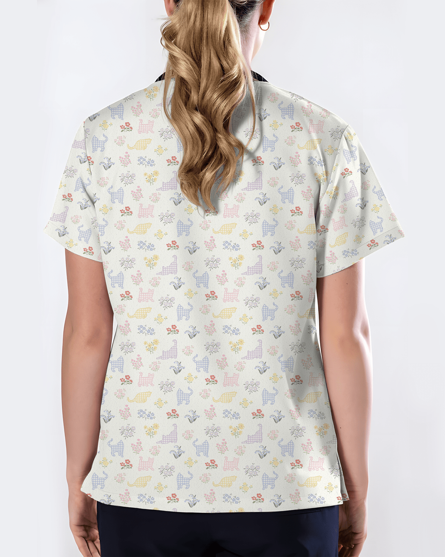 Charming Gingham Cat Dainty Floral Scrub Top - Scrubloop