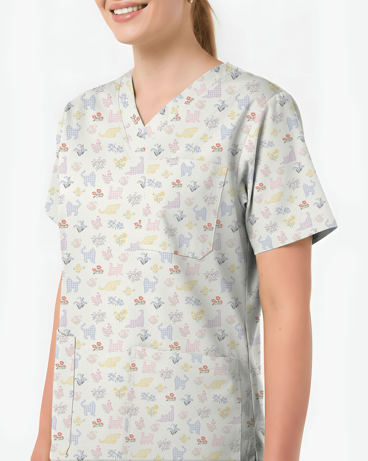 Charming Gingham Cat Dainty Floral Scrub Top - Scrubloop