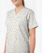 Charming Gingham Cat Dainty Floral Scrub Top - Scrubloop