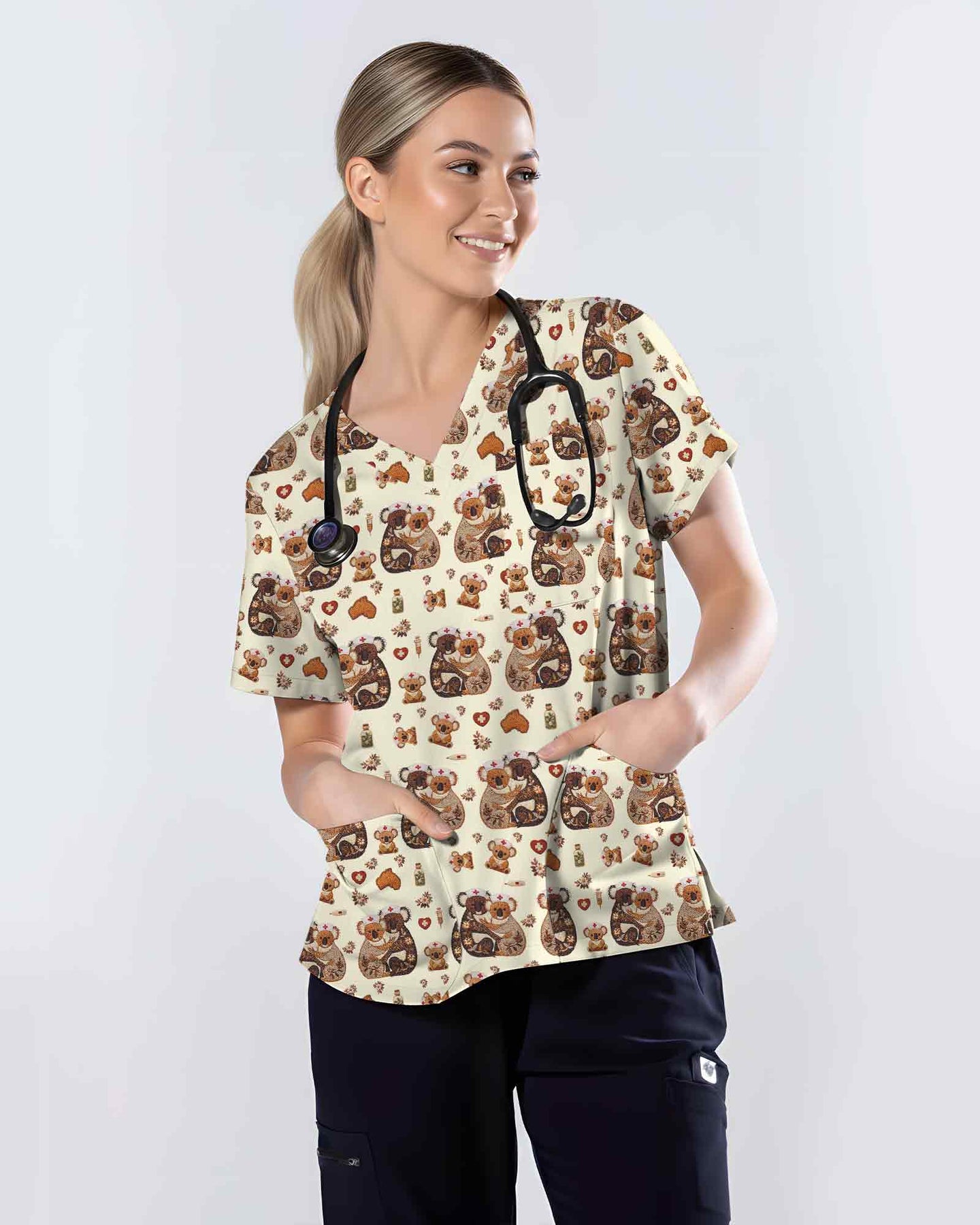 Charming Mandala Koala Nurse Scrub Top - Scrubloop