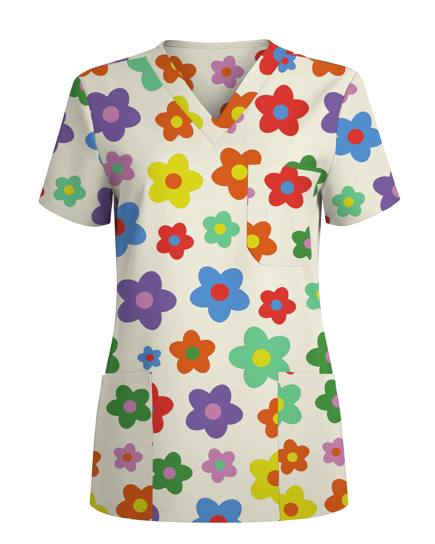 Charming Multi-Color Retro Bloom Healthcare Scrub Top - Scrubloop