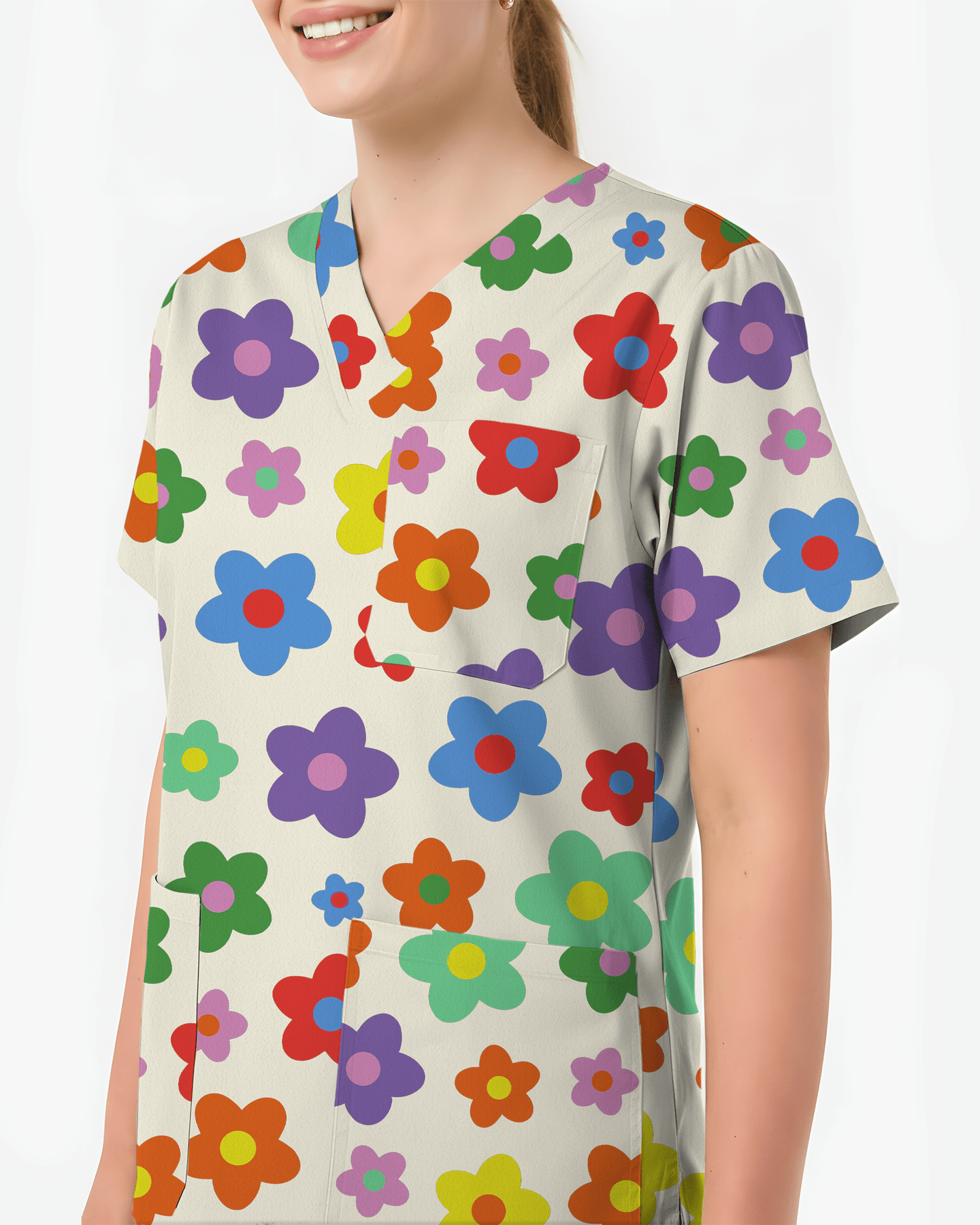 Charming Multi-Color Retro Bloom Healthcare Scrub Top - Scrubloop