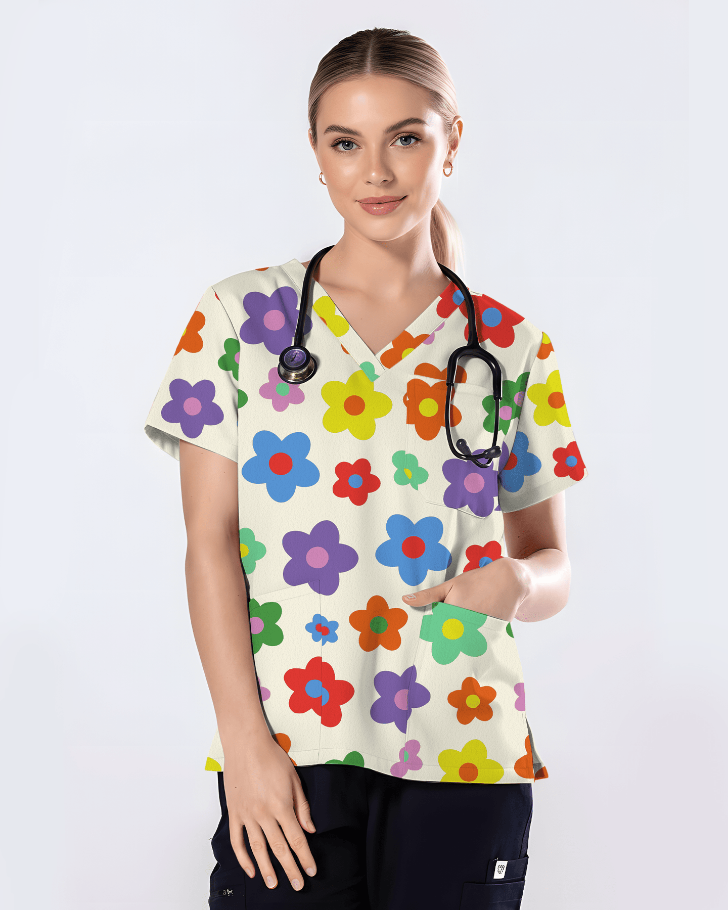 Charming Multi-Color Retro Bloom Healthcare Scrub Top - Scrubloop