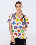 Charming Multi-Color Retro Bloom Healthcare Scrub Top - Scrubloop