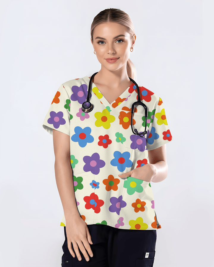 Charming Multi-Color Retro Bloom Healthcare Scrub Top