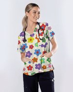 Charming Multi-Color Retro Bloom Healthcare Scrub Top - Scrubloop