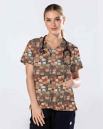 Cheerful Cat Cafe Coffee Lover Medical Scrub Top - Scrubloop