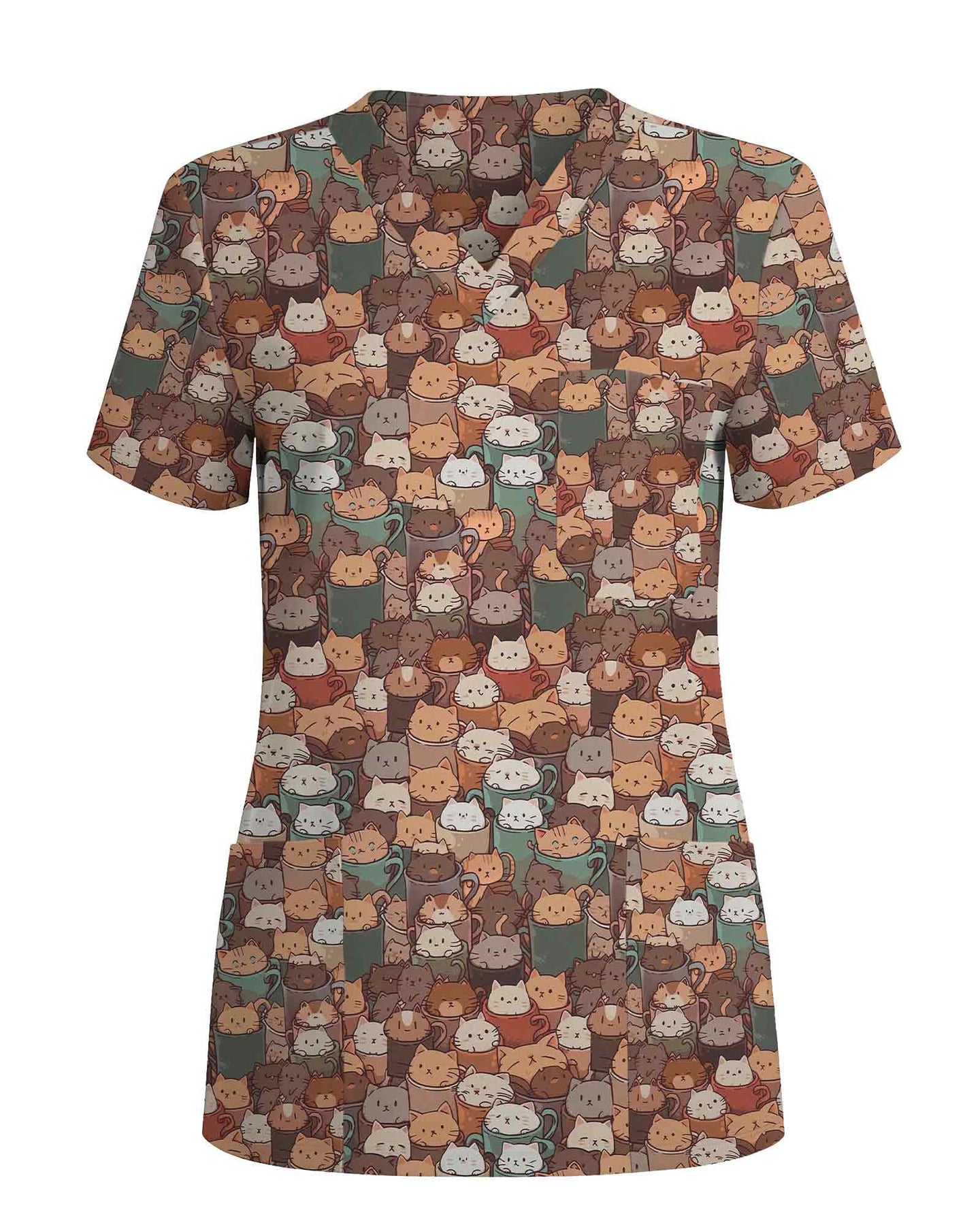 Cheerful Cat Cafe Coffee Lover Medical Scrub Top - Scrubloop