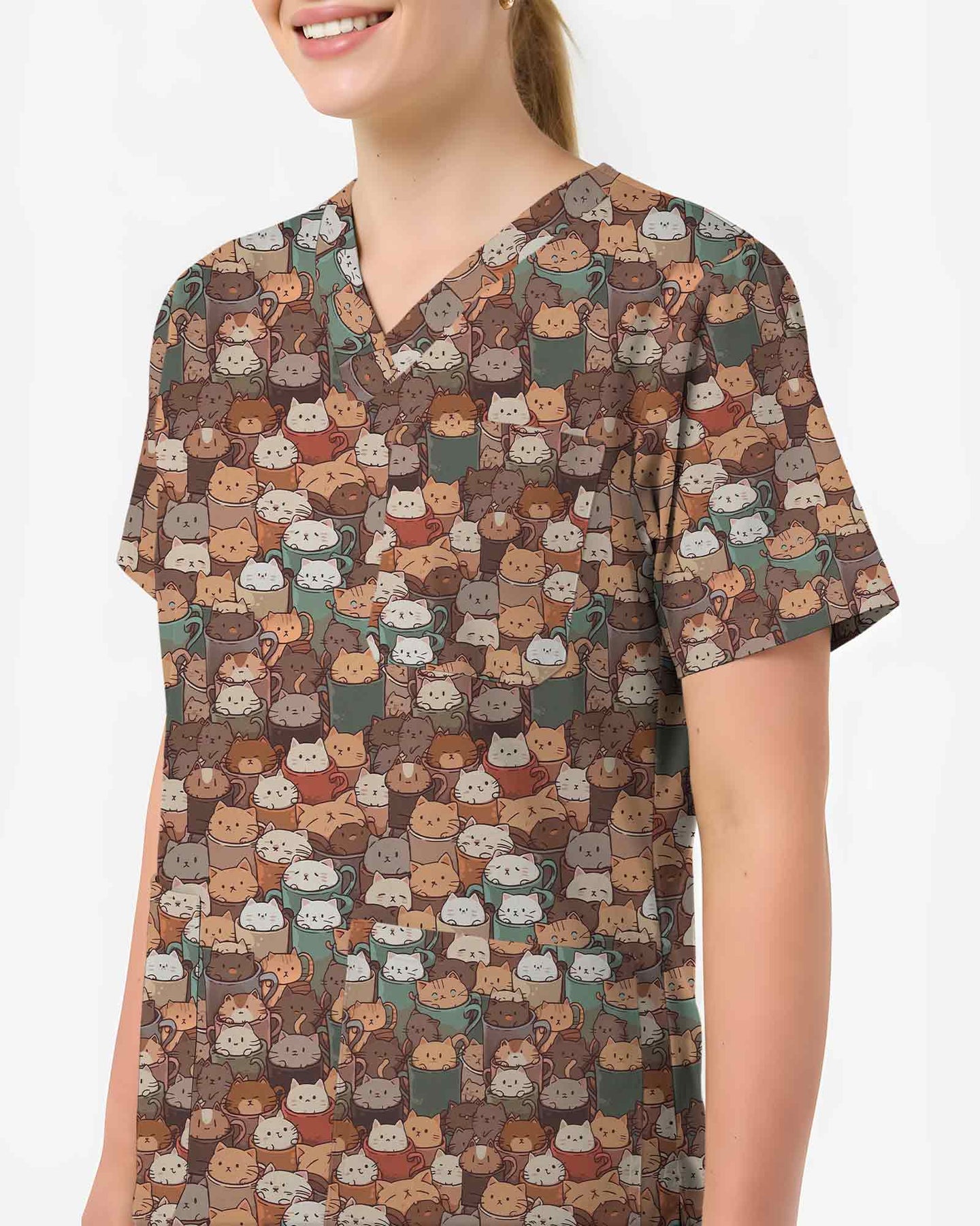 Cheerful Cat Cafe Coffee Lover Medical Scrub Top - Scrubloop