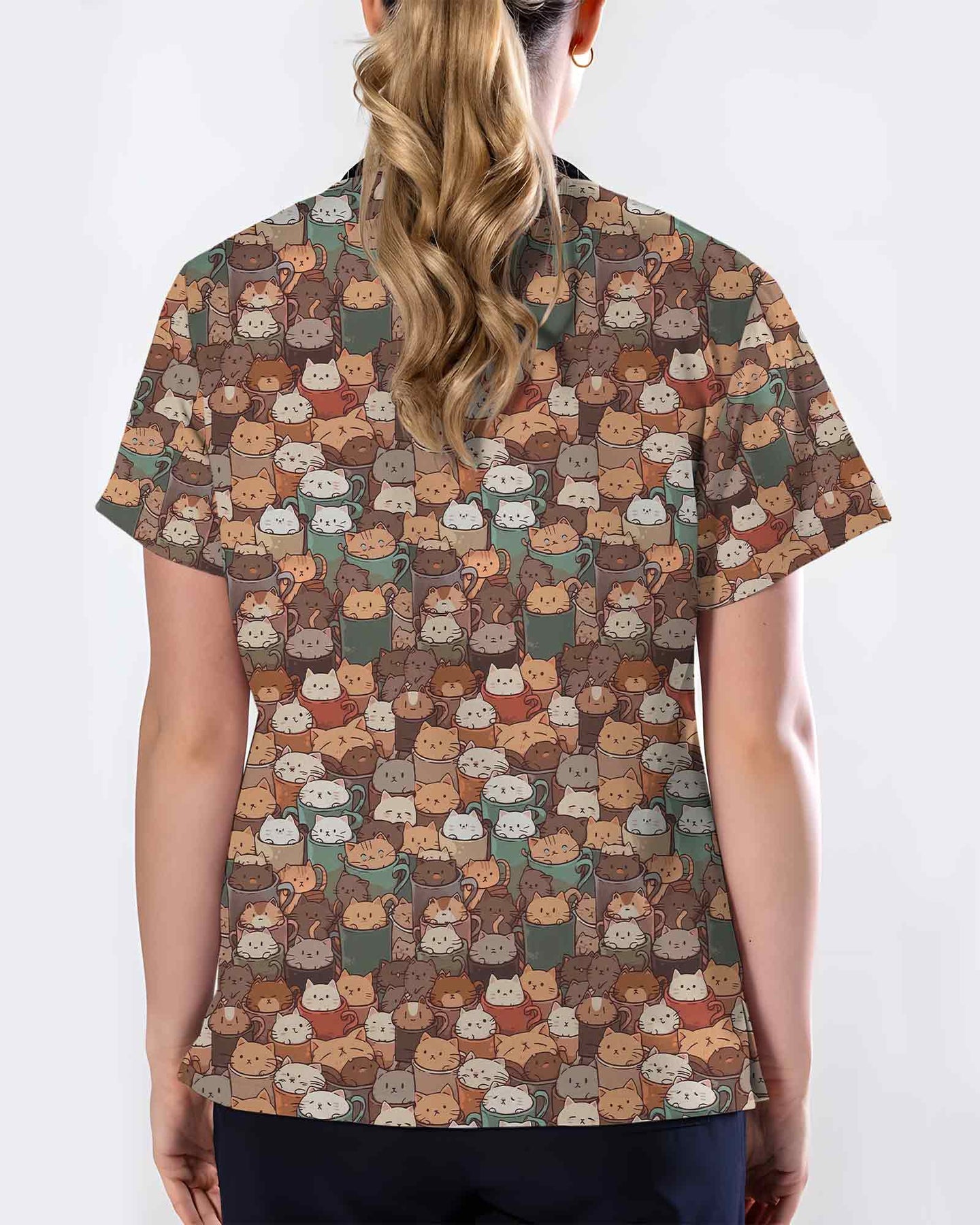 Cheerful Cat Cafe Coffee Lover Medical Scrub Top - Scrubloop