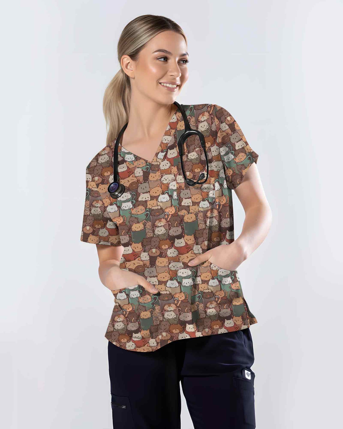Cheerful Cat Cafe Coffee Lover Medical Scrub Top - Scrubloop