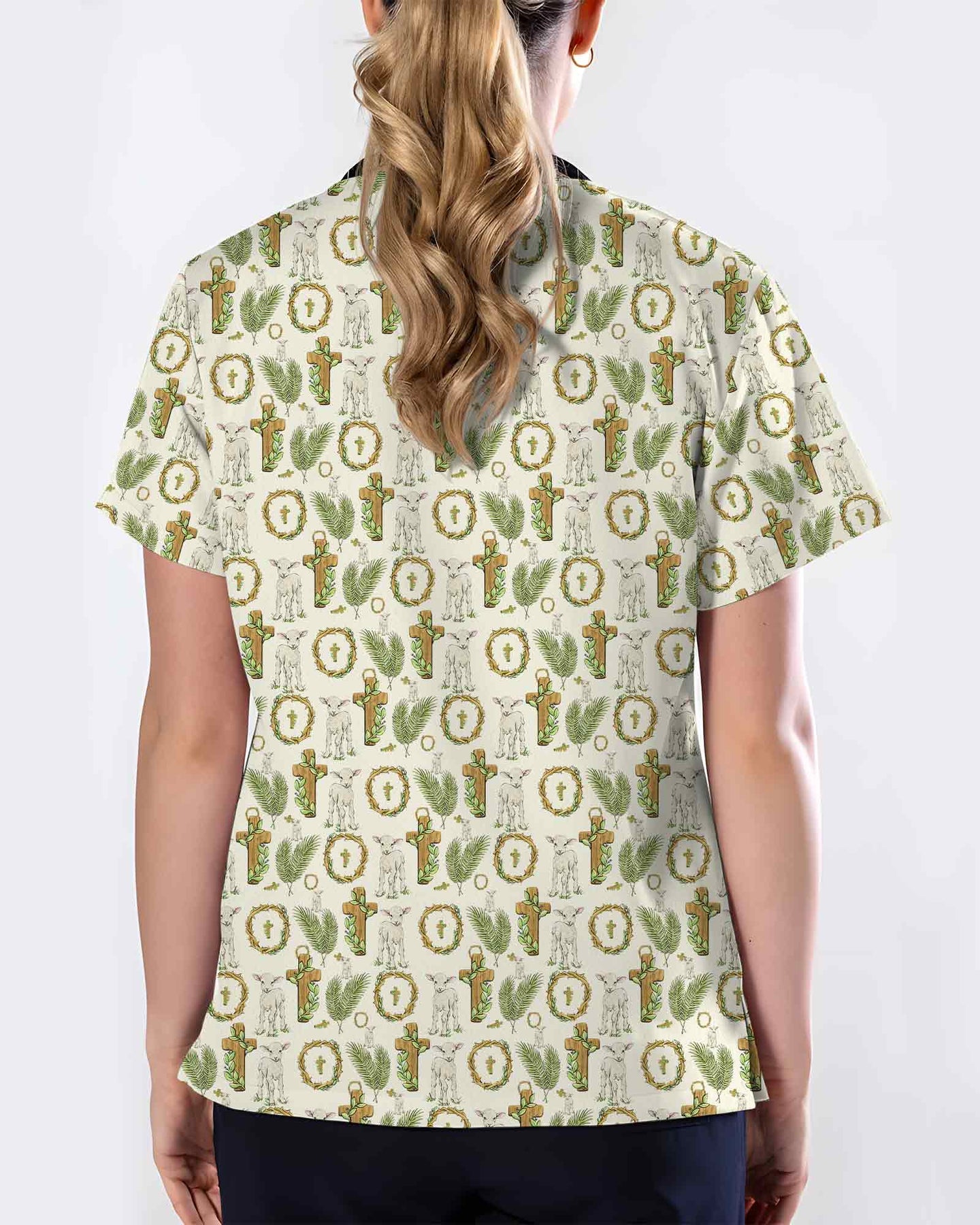Christian Easter Cross Lamb Palm Leaf Scrub Top - Scrubloop