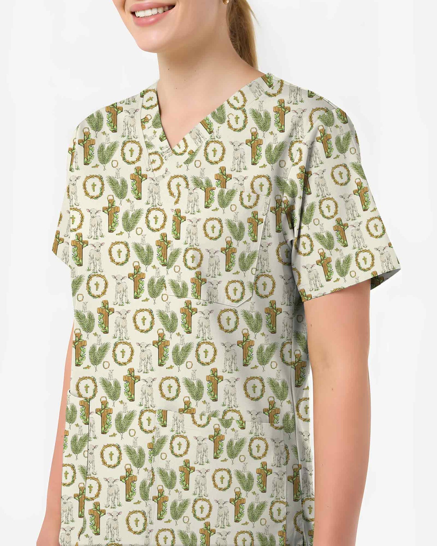 Christian Easter Cross Lamb Palm Leaf Scrub Top - Scrubloop
