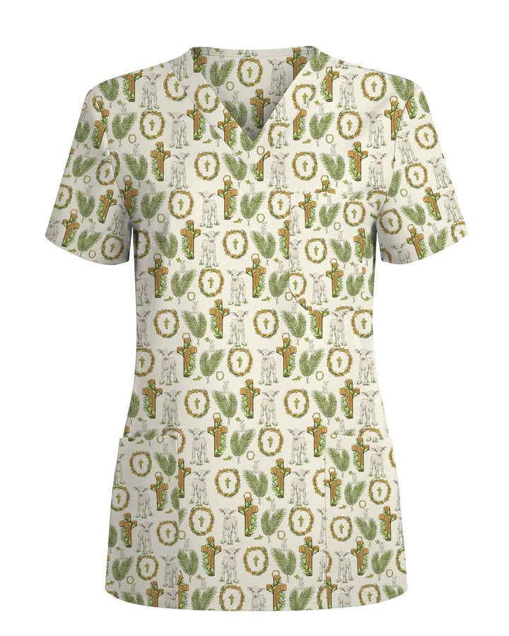 Christian Easter Cross Lamb Palm Leaf Scrub Top