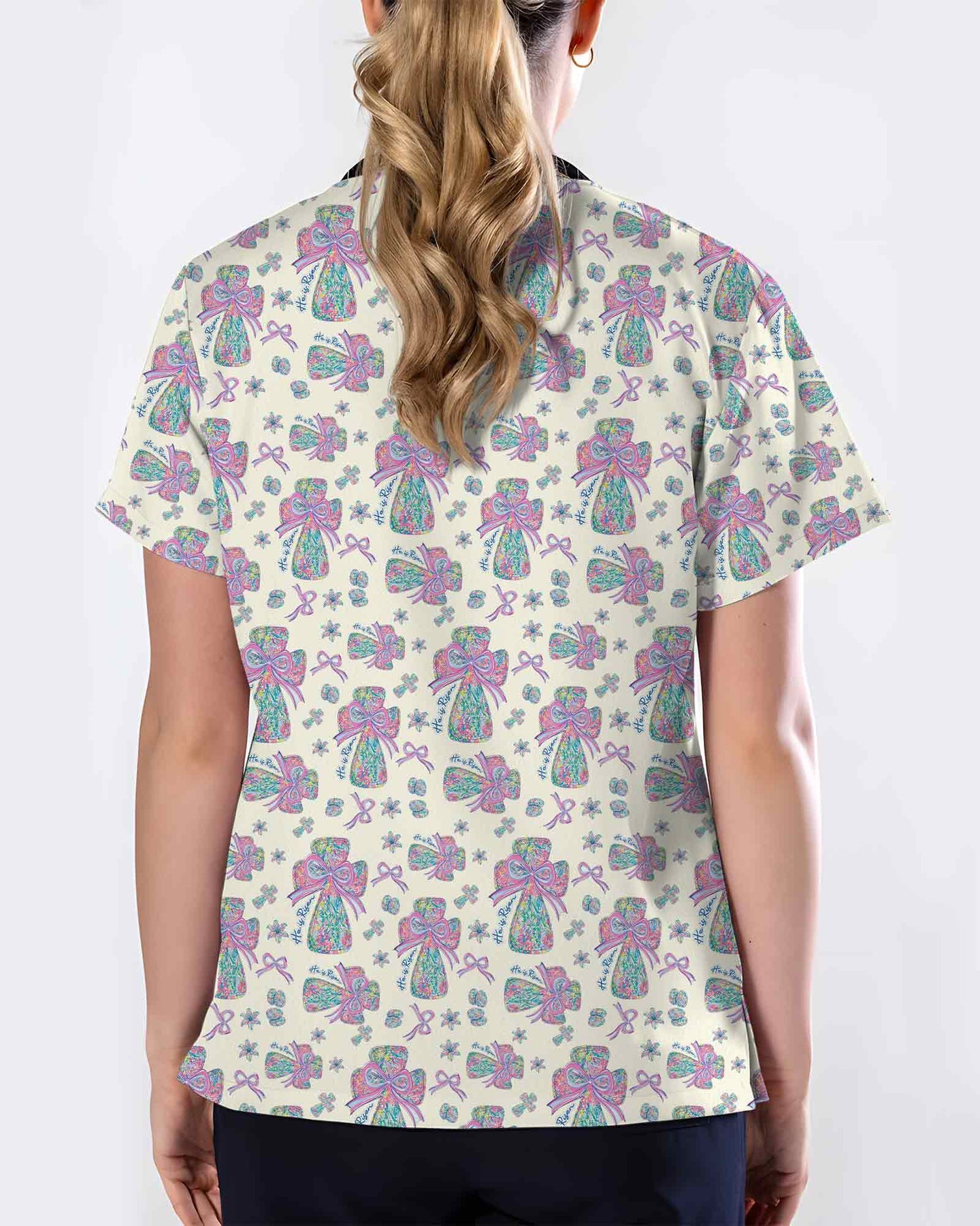 Christian Easter He Is Risen Cross Medical Scrub Top - Scrubloop