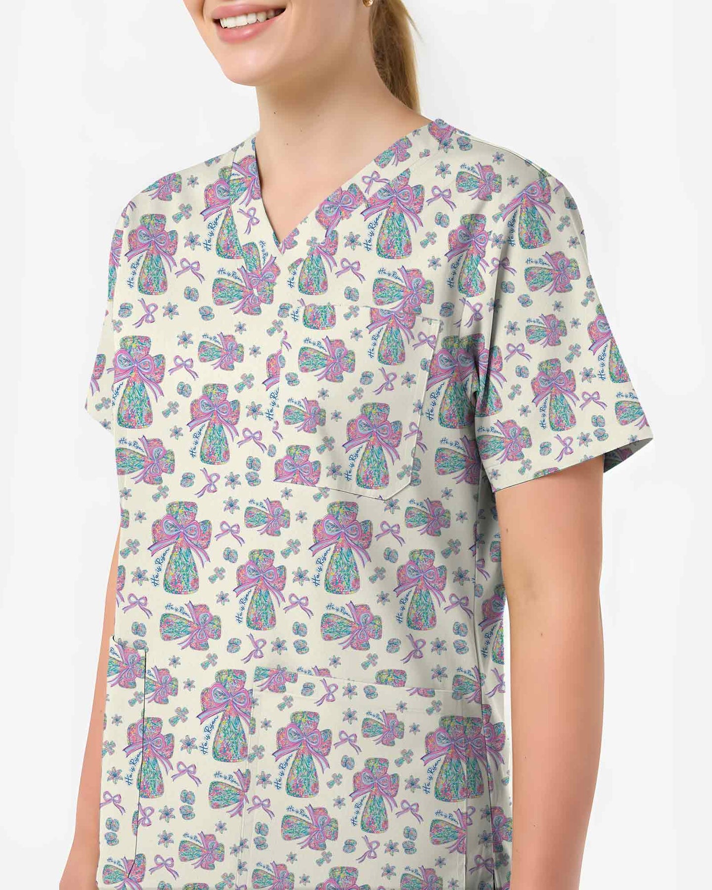 Christian Easter He Is Risen Cross Medical Scrub Top - Scrubloop