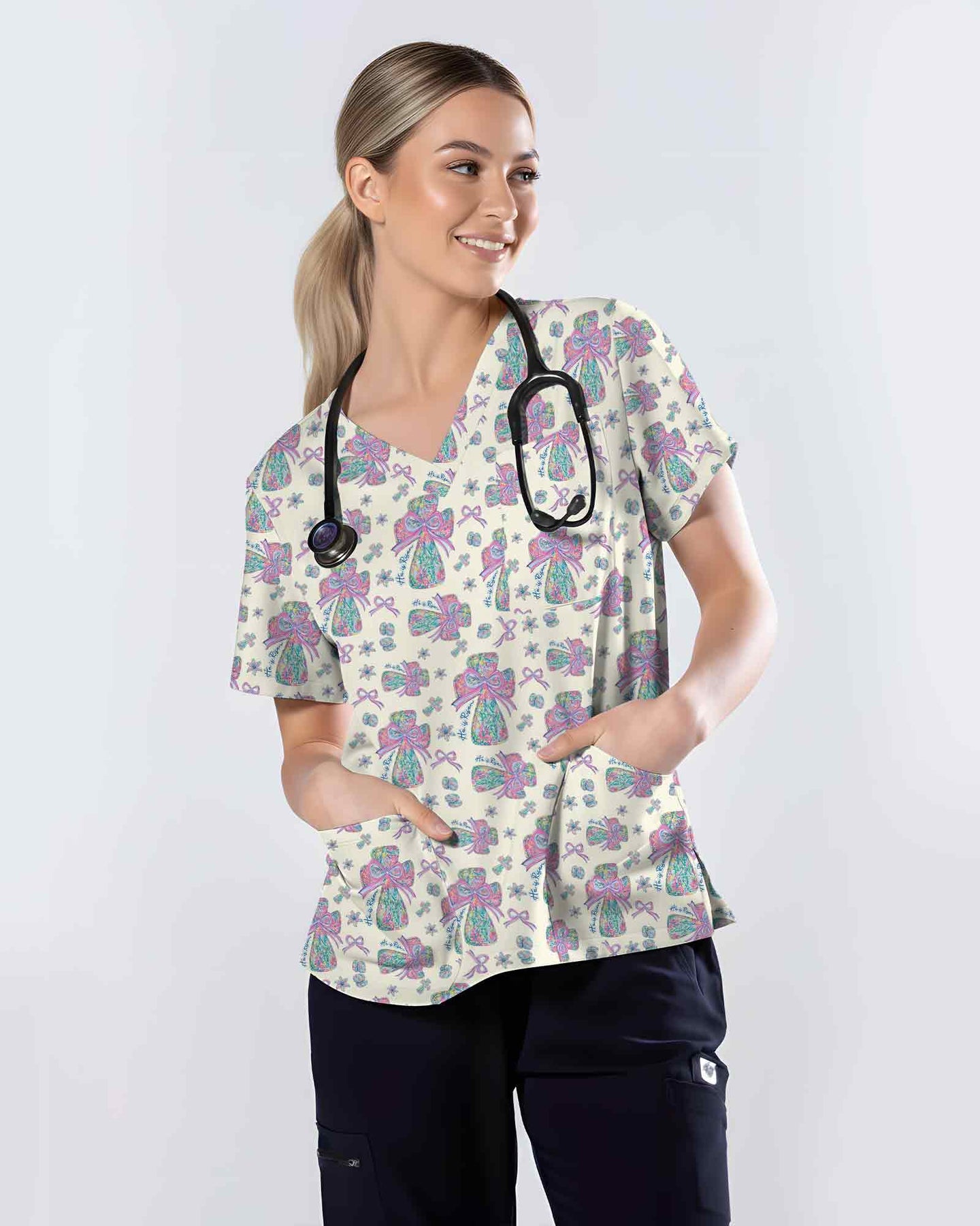 Christian Easter He Is Risen Cross Medical Scrub Top - Scrubloop