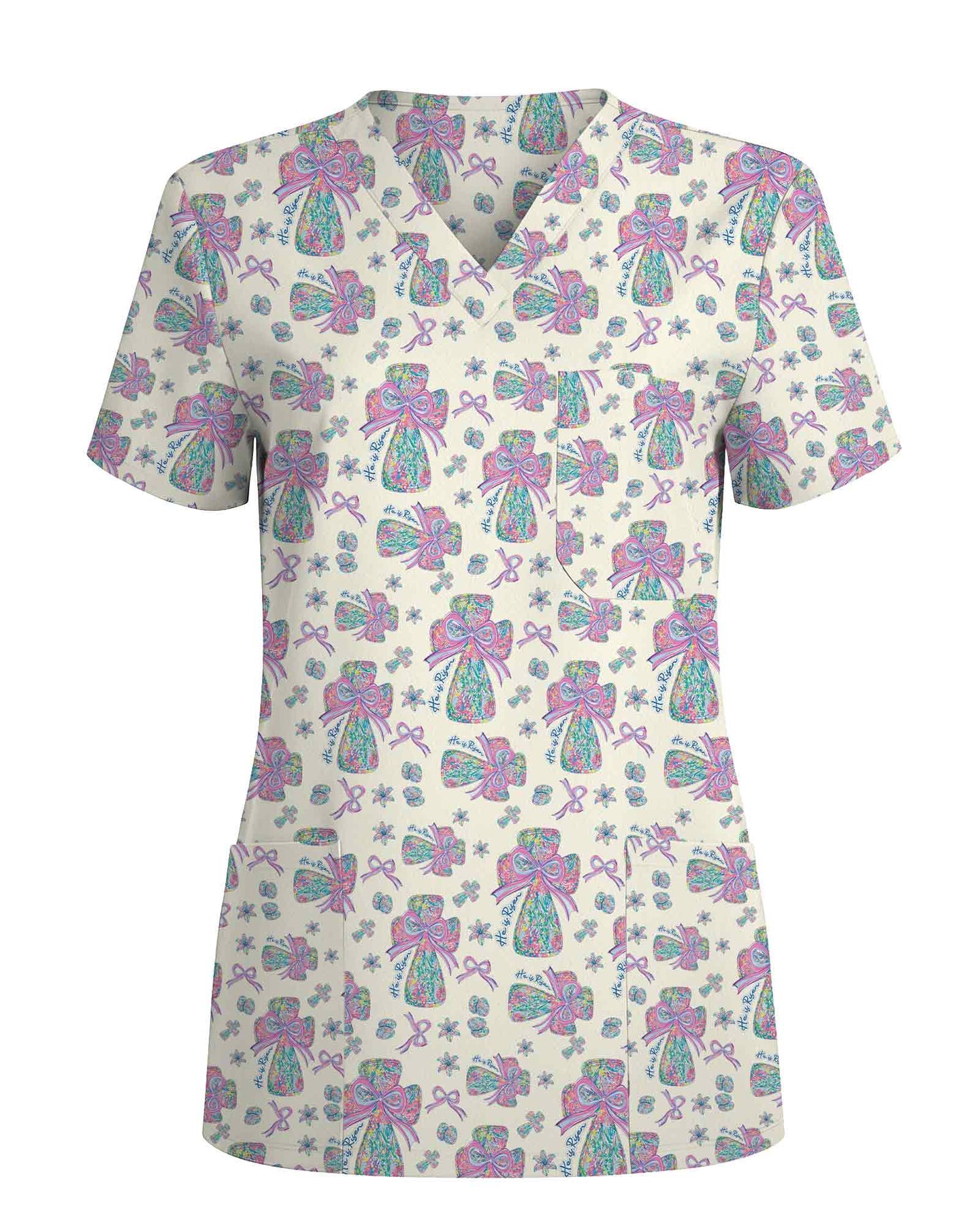 Christian Easter He Is Risen Cross Medical Scrub Top - Scrubloop