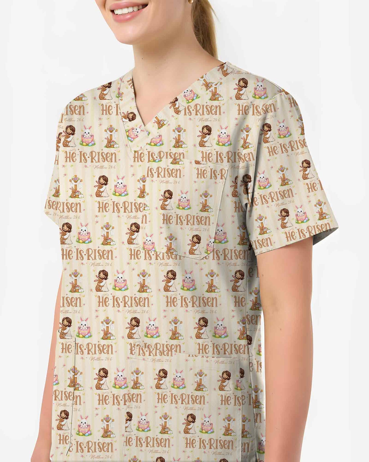 Christian He Is Risen Cute Nurse Scrub Top - Scrubloop