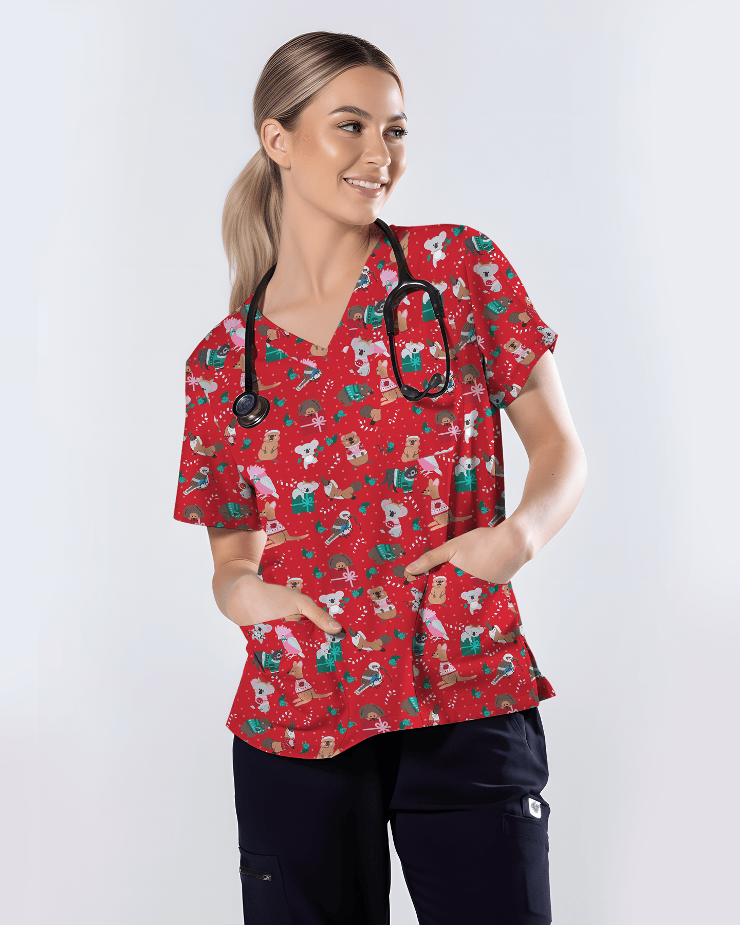 Christmas Cheer Animal Women Scrub Top - Scrubloop