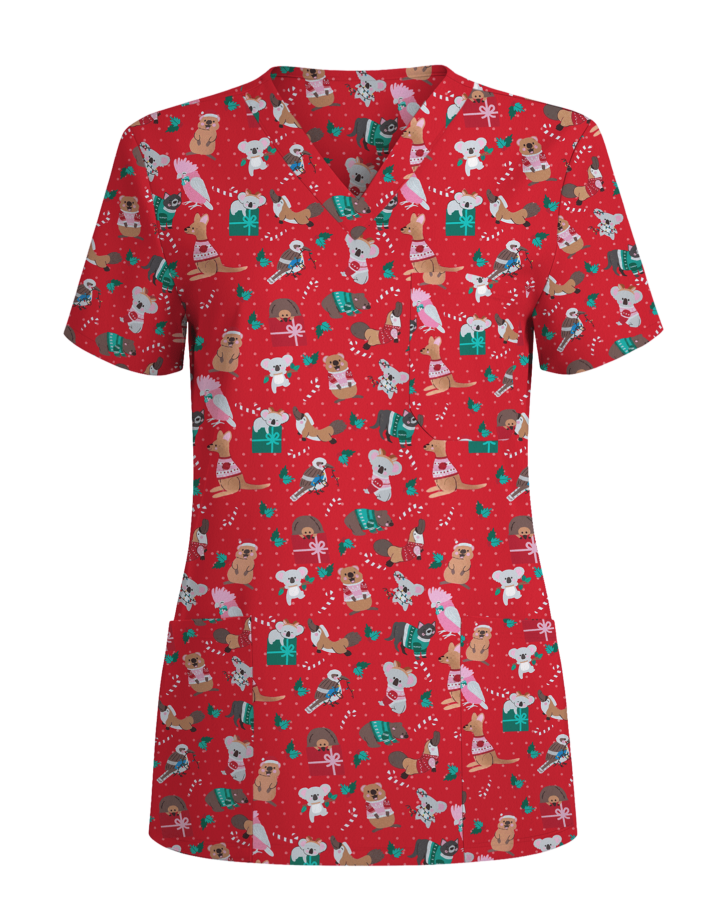 Christmas Cheer Animal Women Scrub Top - Scrubloop
