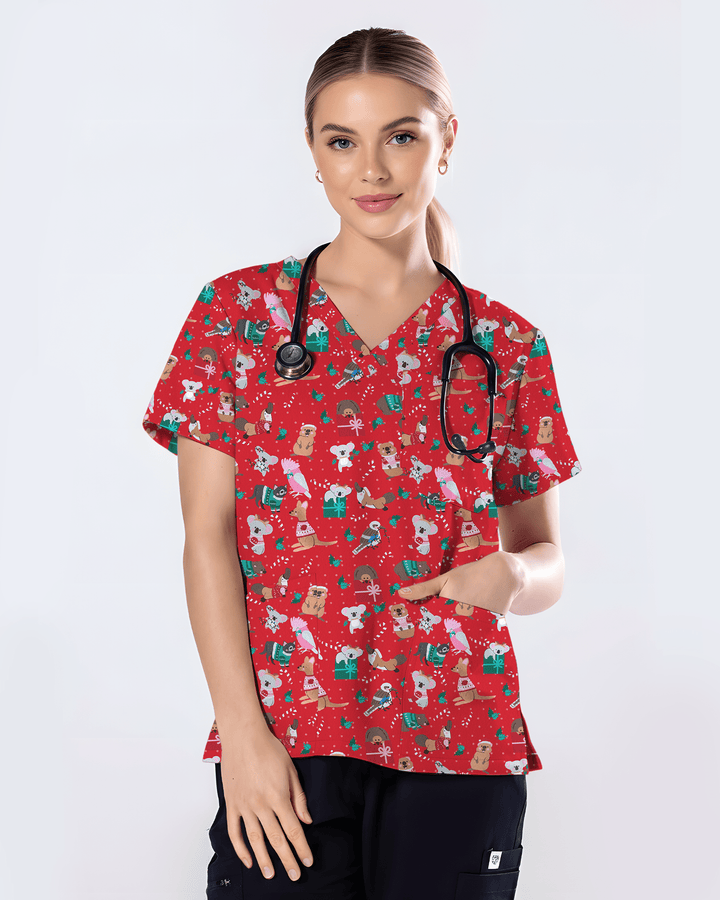 Christmas Cheer Animal Women Scrub Top