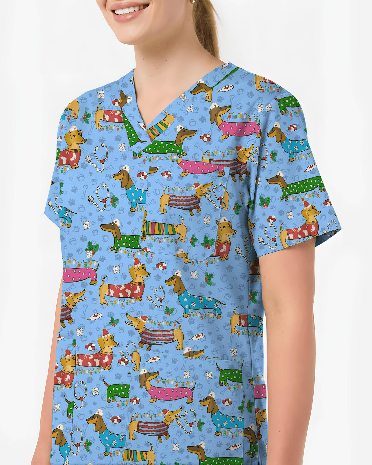 Christmas Dachshund Dog Nursing Scrub Top - Scrubloop