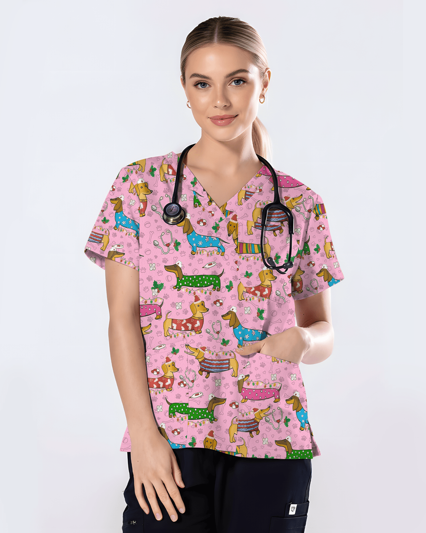 Christmas Dachshund Dog Nursing Scrub Top - Scrubloop