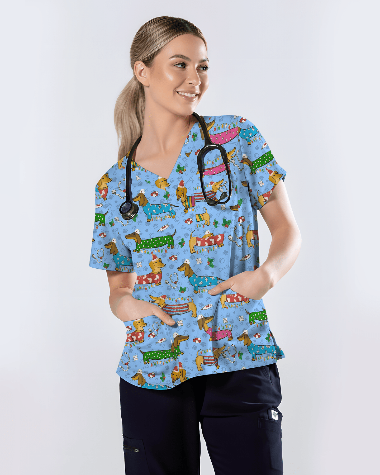 Christmas Dachshund Dog Nursing Scrub Top - Scrubloop