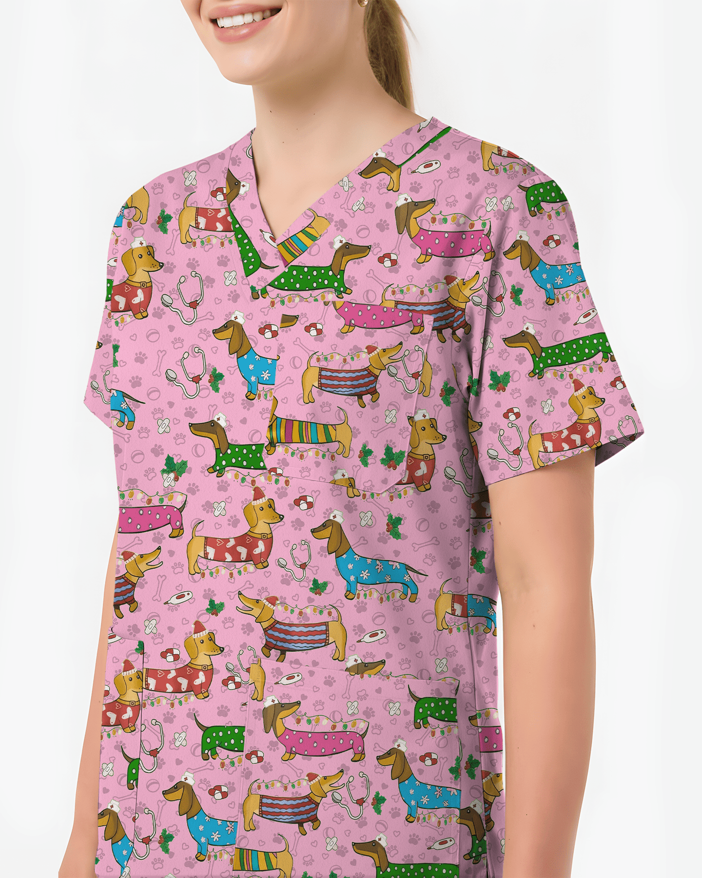 Christmas Dachshund Dog Nursing Scrub Top - Scrubloop