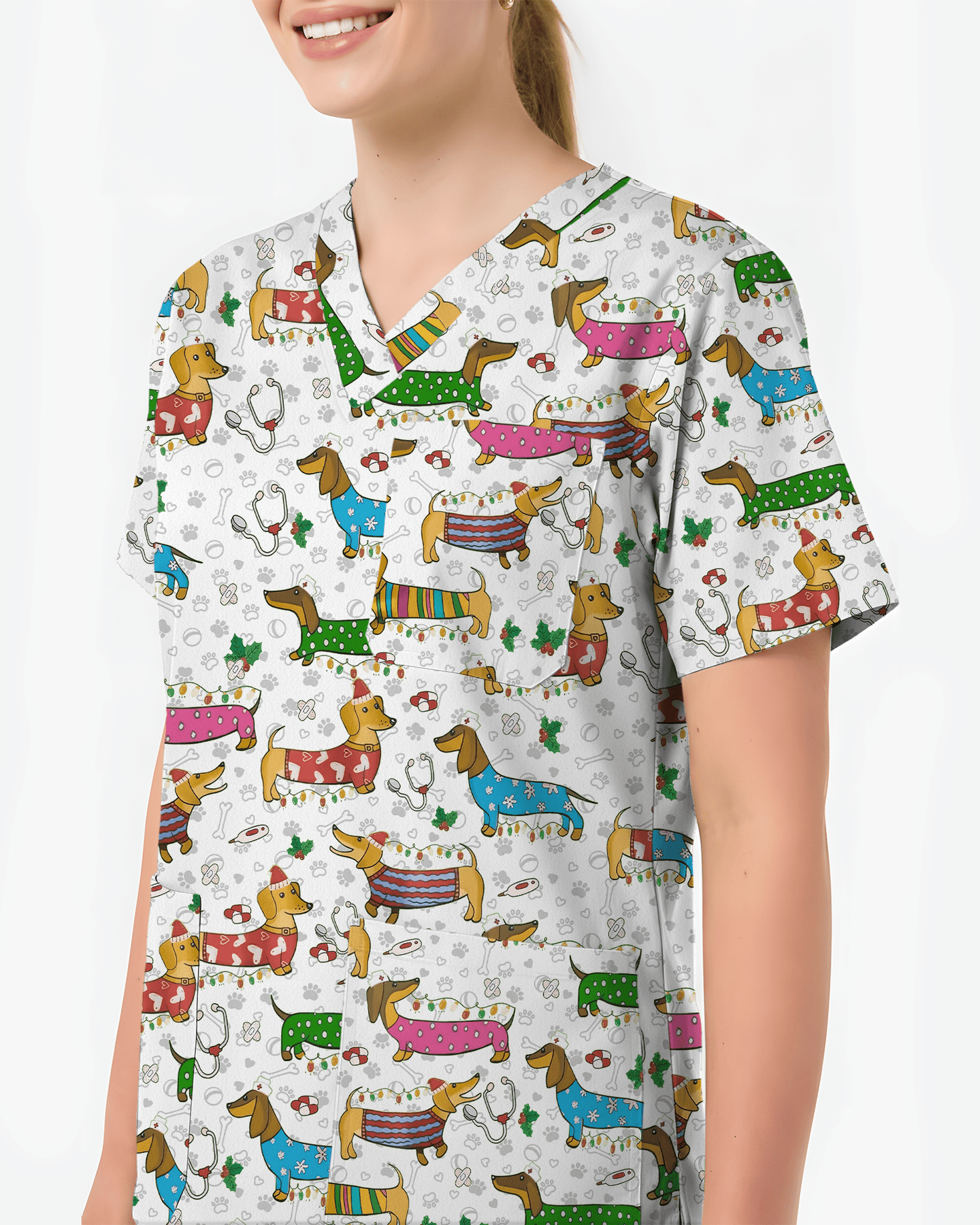 Christmas Dachshund Dog Nursing Scrub Top - Scrubloop