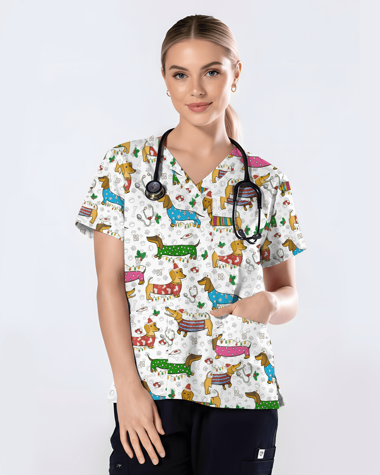 Christmas Dachshund Dog Nursing Scrub Top - Scrubloop