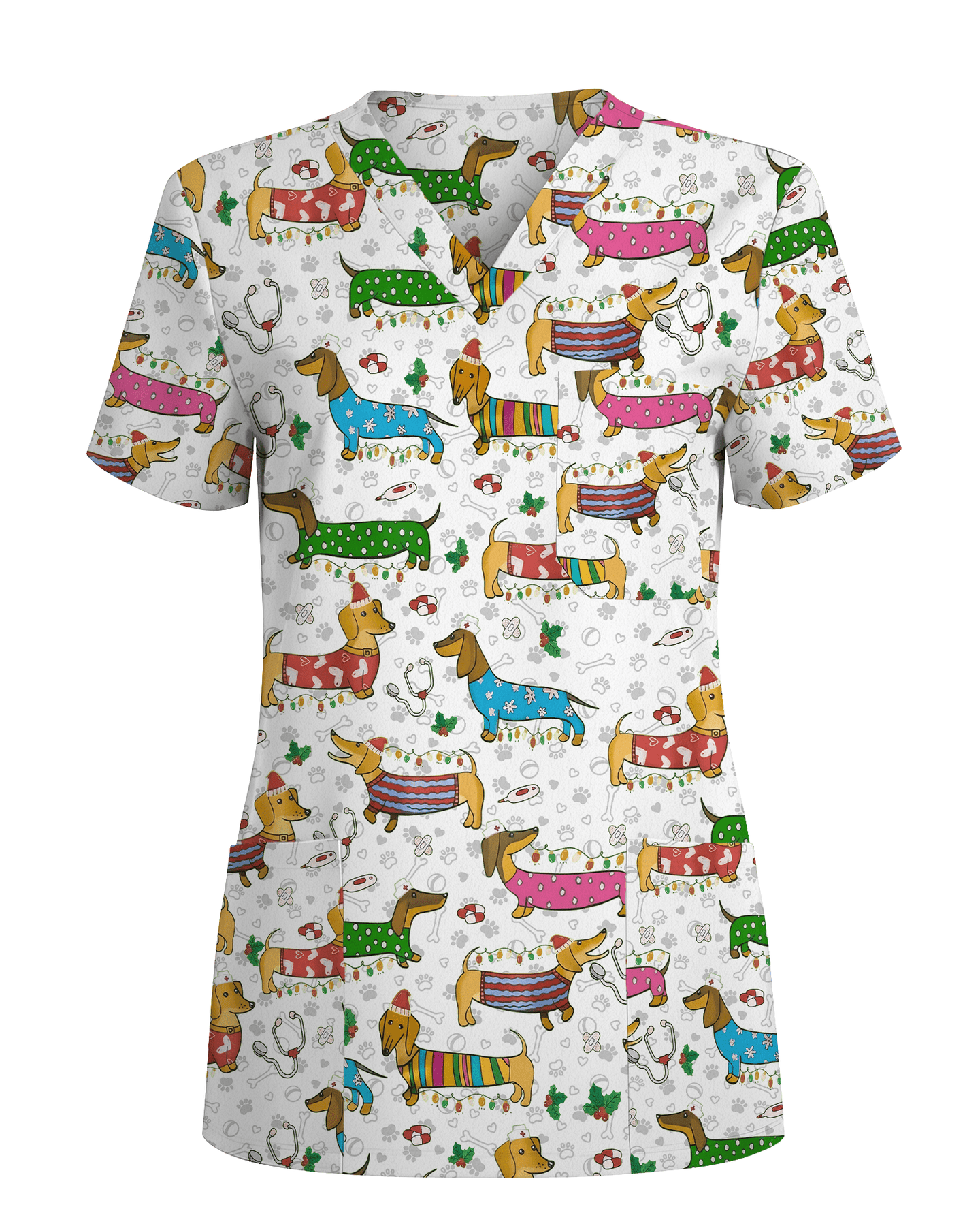 Christmas Dachshund Dog Nursing Scrub Top - Scrubloop