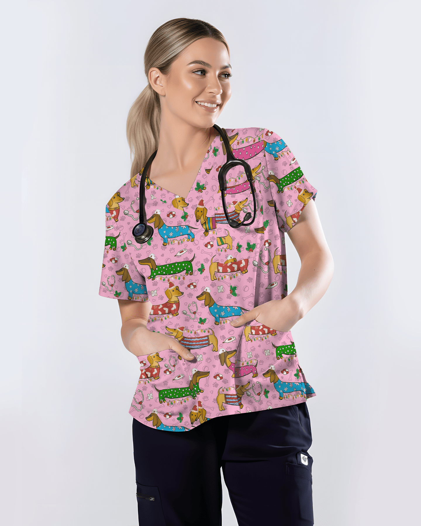 Christmas Dachshund Dog Nursing Scrub Top - Scrubloop