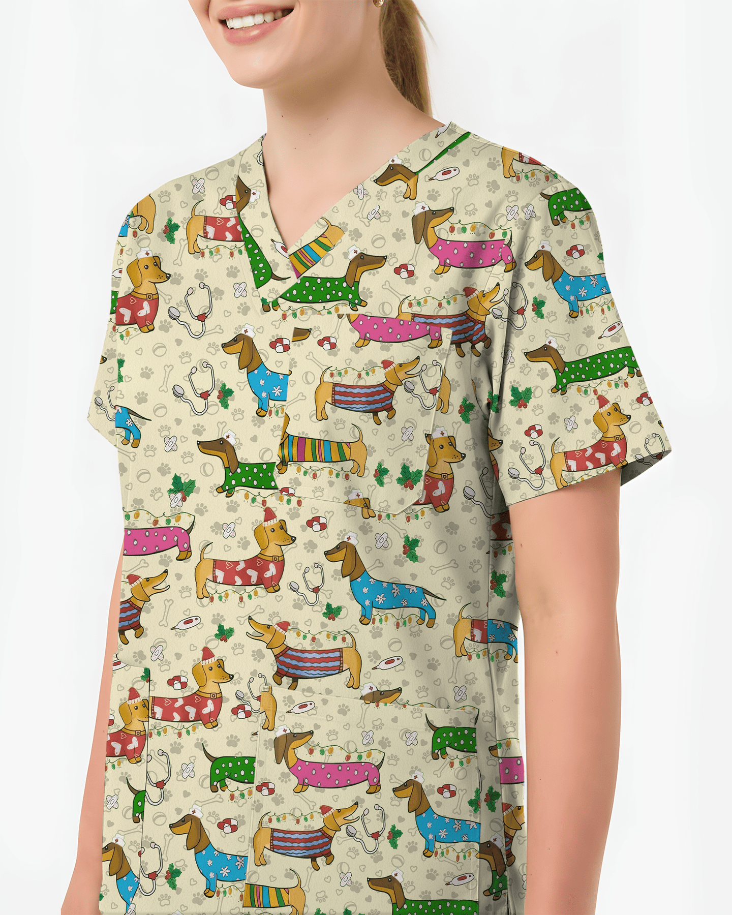 Christmas Dachshund Dog Nursing Scrub Top - Scrubloop