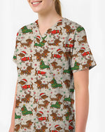 Christmas Dachshund Nurse Holiday Cheer Women Scrub Top - Scrubloop
