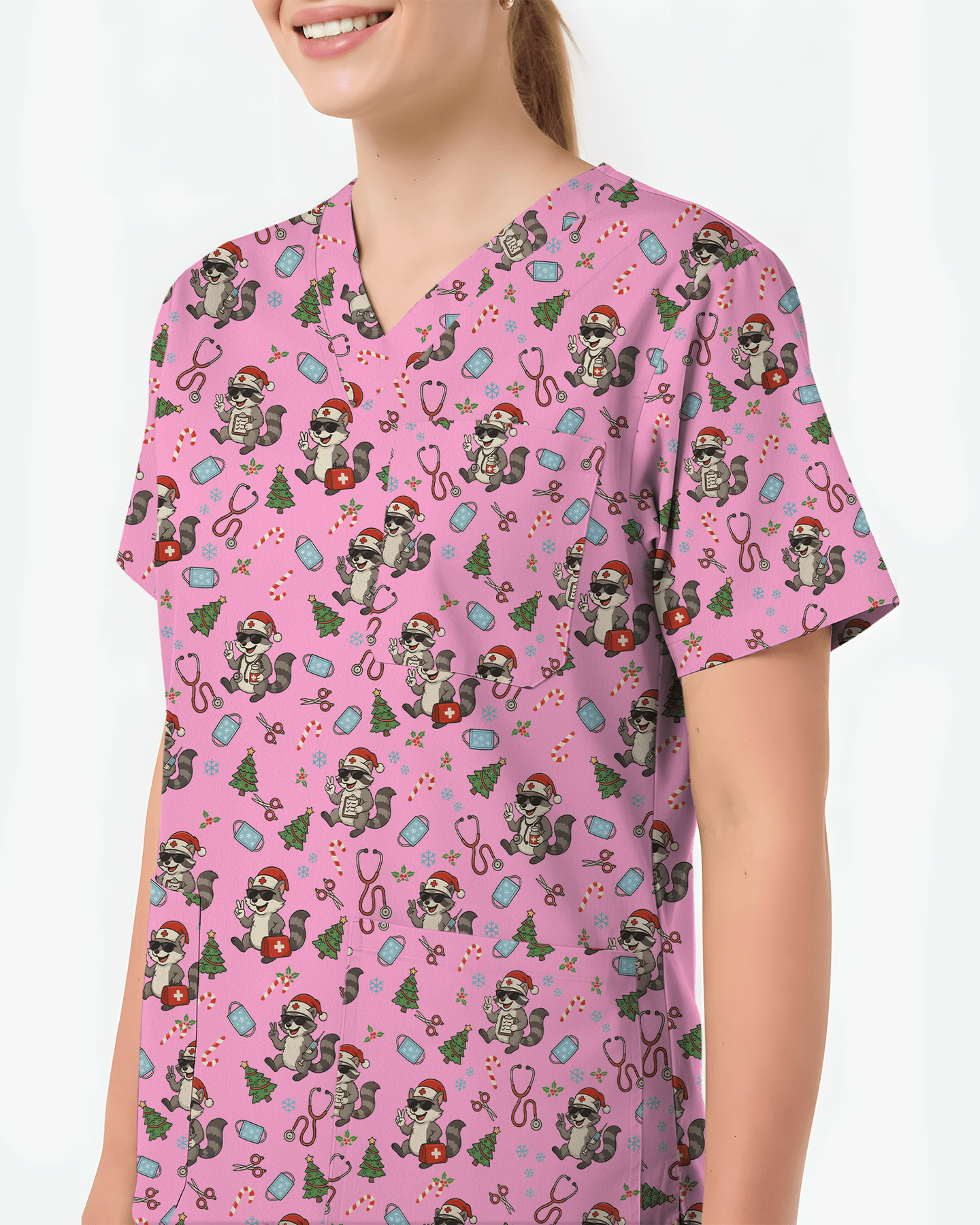 Christmas Raccoon Holiday Nursing Scrub Top - Scrubloop