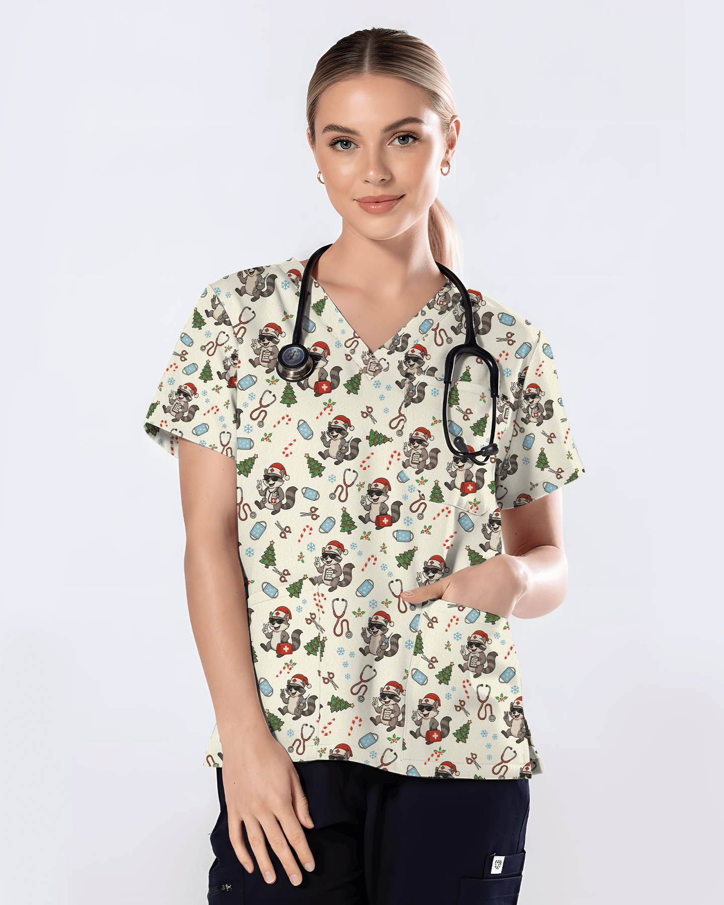 Christmas Raccoon Holiday Nursing Scrub Top - Scrubloop