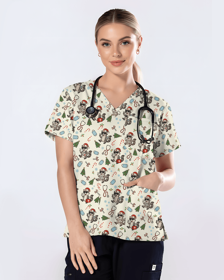 Christmas Raccoon Holiday Nursing Scrub Top