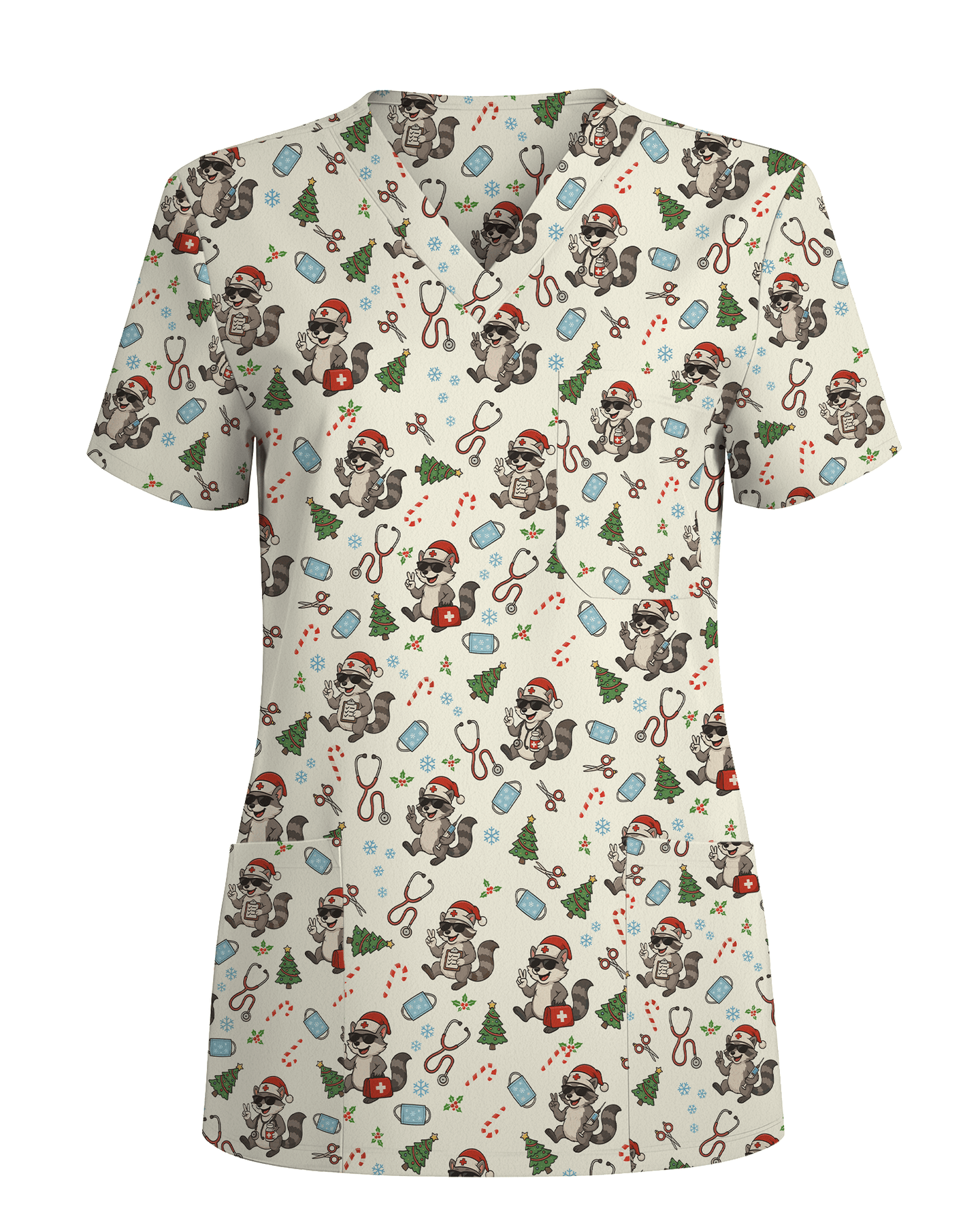 Christmas Raccoon Holiday Nursing Scrub Top - Scrubloop
