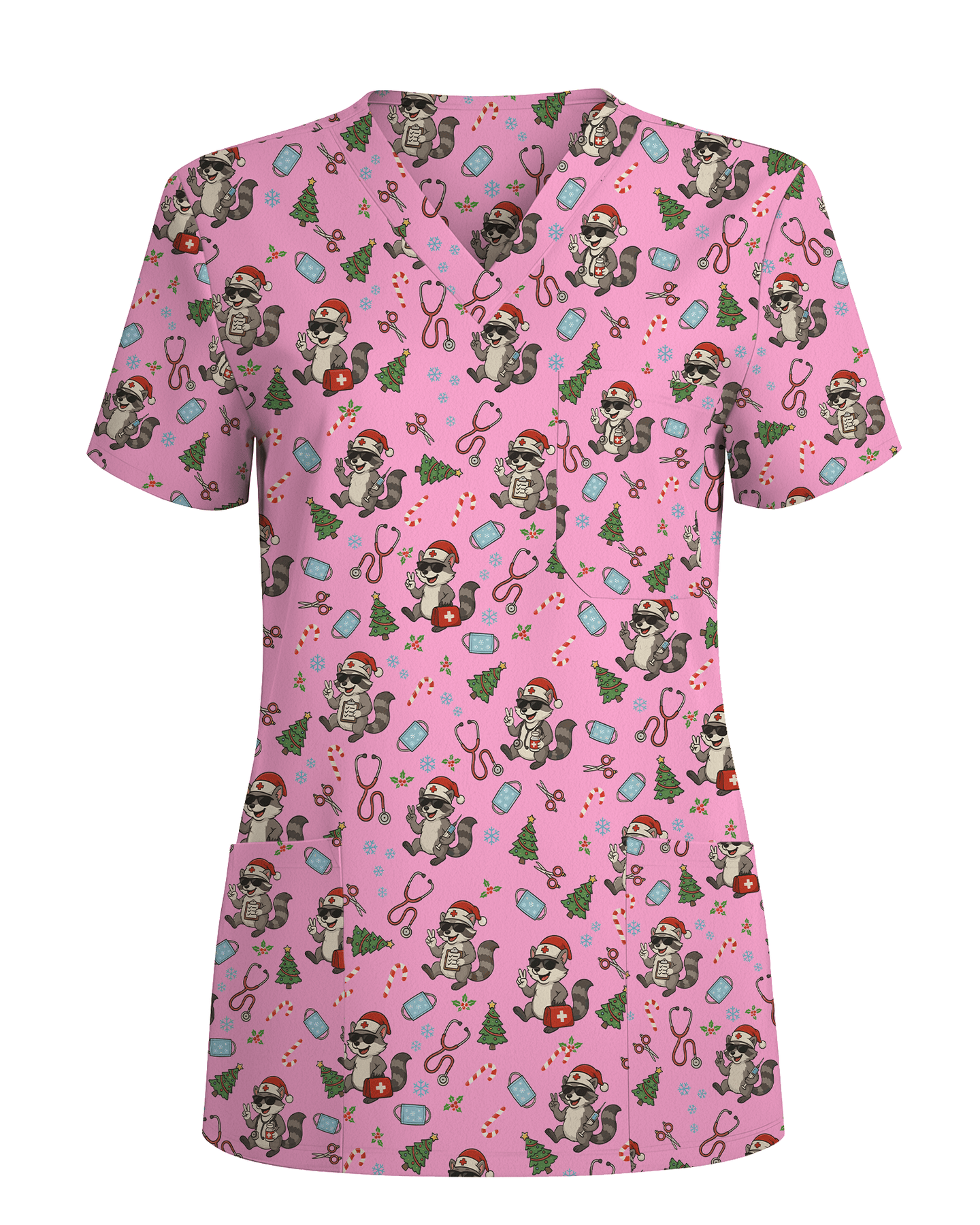 Christmas Raccoon Holiday Nursing Scrub Top - Scrubloop