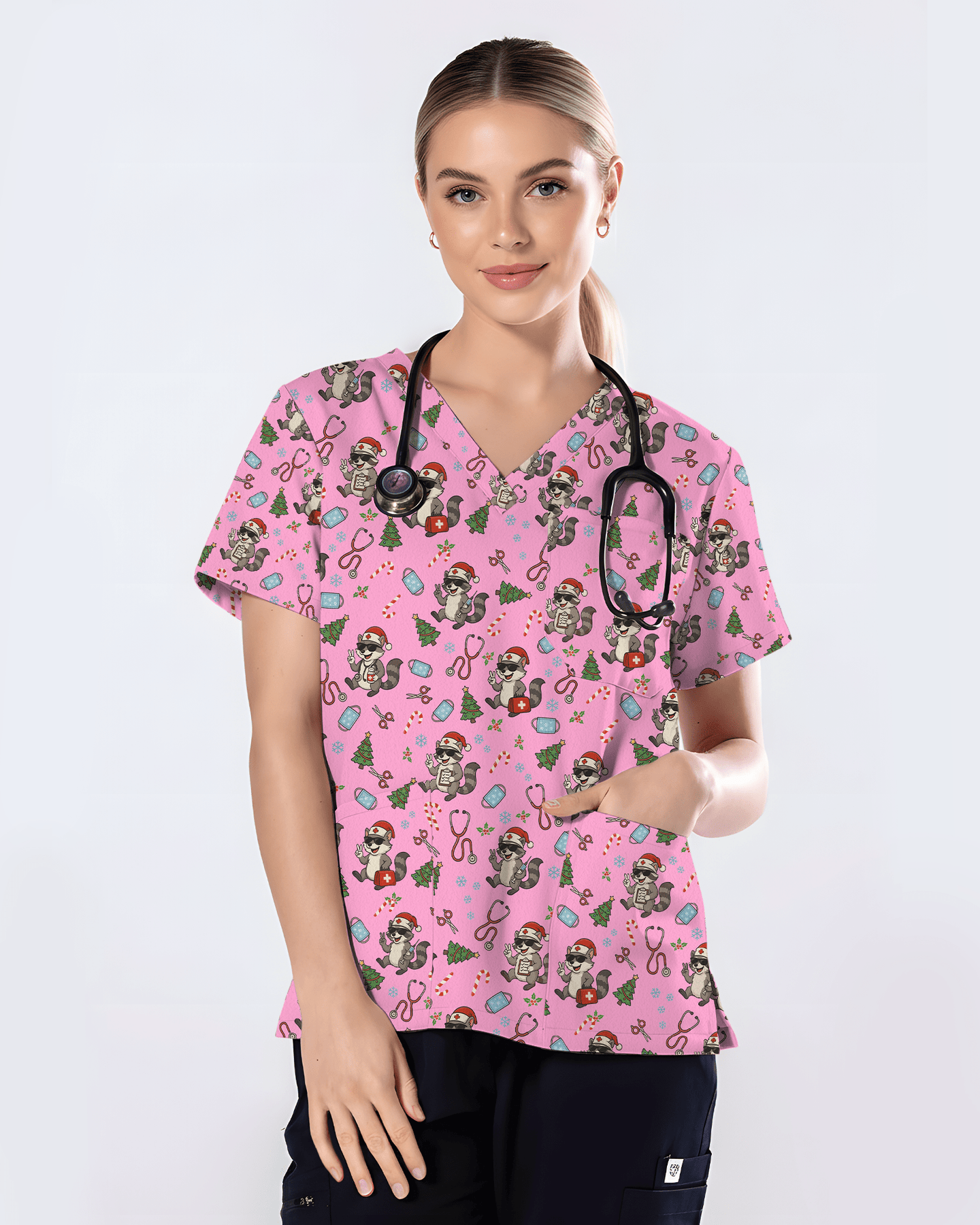 Christmas Raccoon Holiday Nursing Scrub Top - Scrubloop