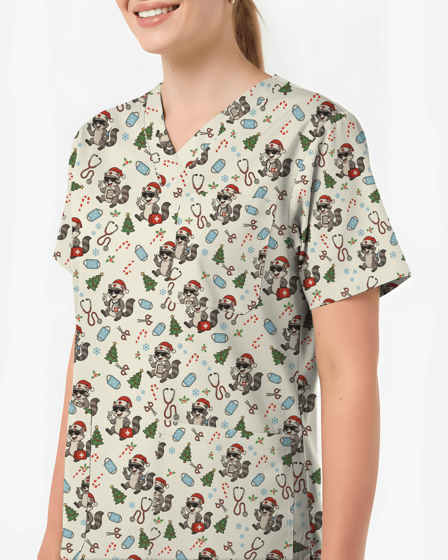 Christmas Raccoon Holiday Nursing Scrub Top - Scrubloop