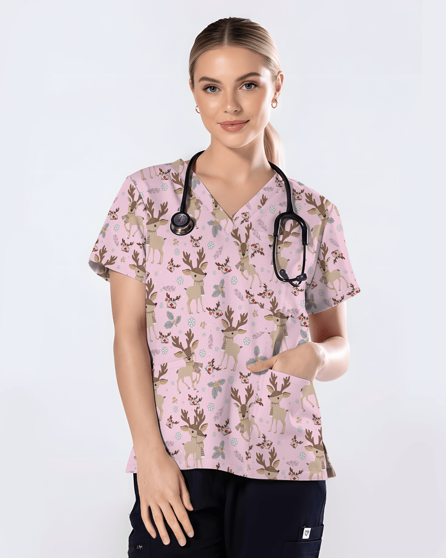 Christmas Reindeer Holiday Nursing Scrub Top - Scrubloop