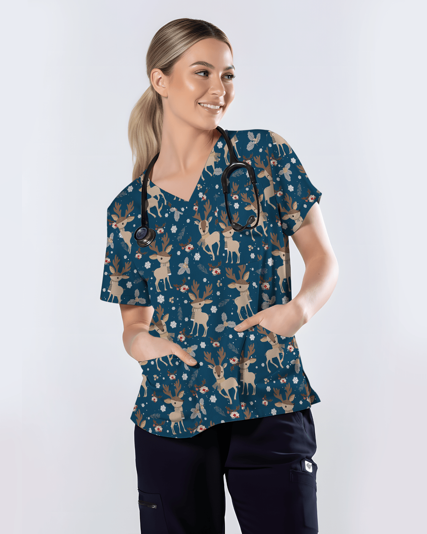 Christmas Reindeer Holiday Nursing Scrub Top - Scrubloop