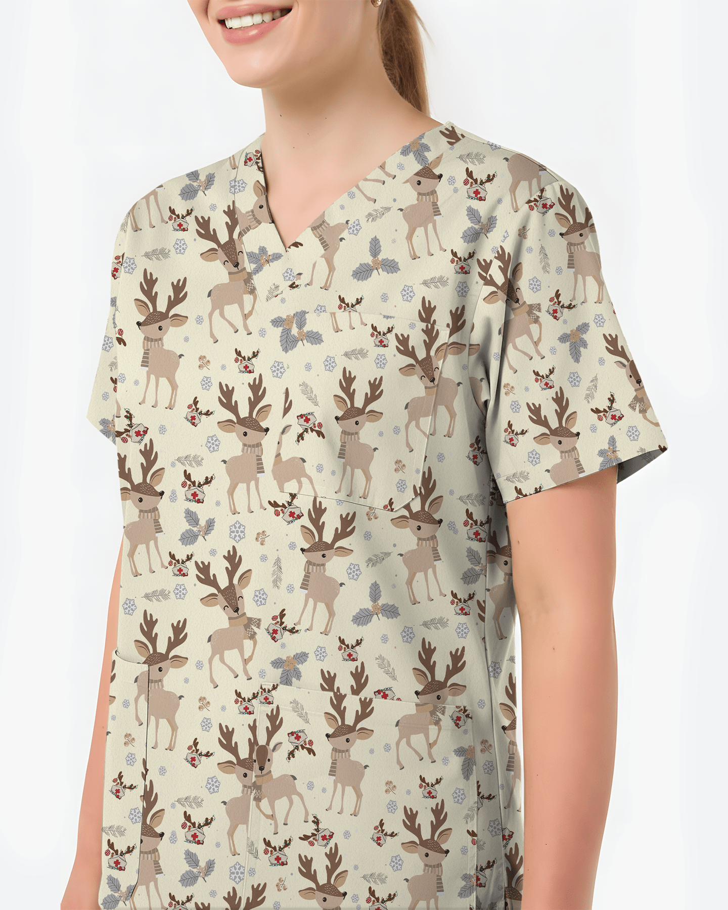 Christmas Reindeer Holiday Nursing Scrub Top - Scrubloop