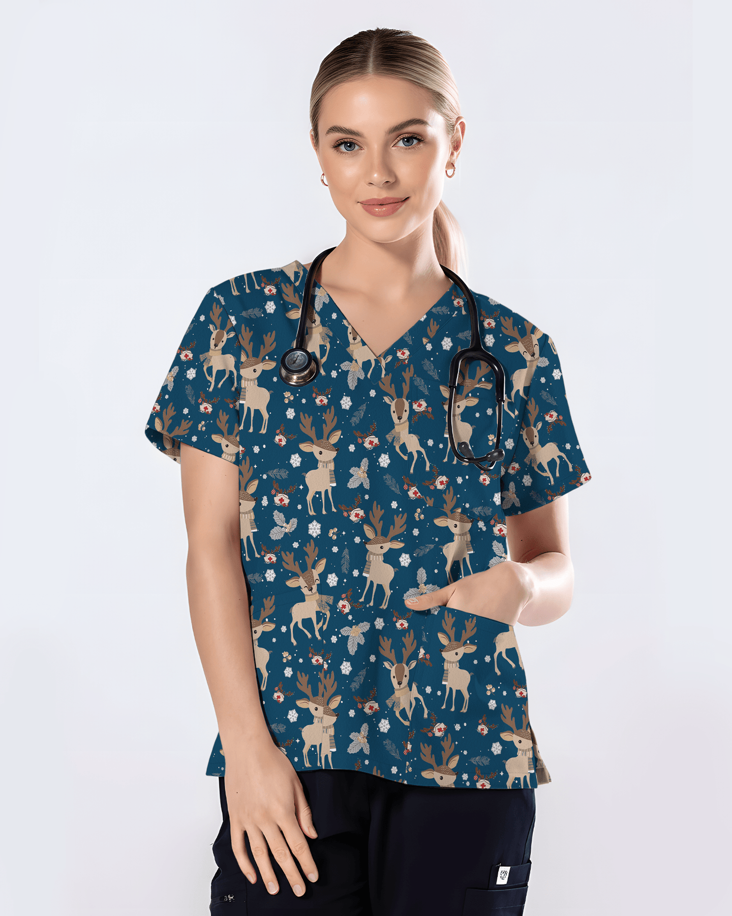 Christmas Reindeer Holiday Nursing Scrub Top - Scrubloop