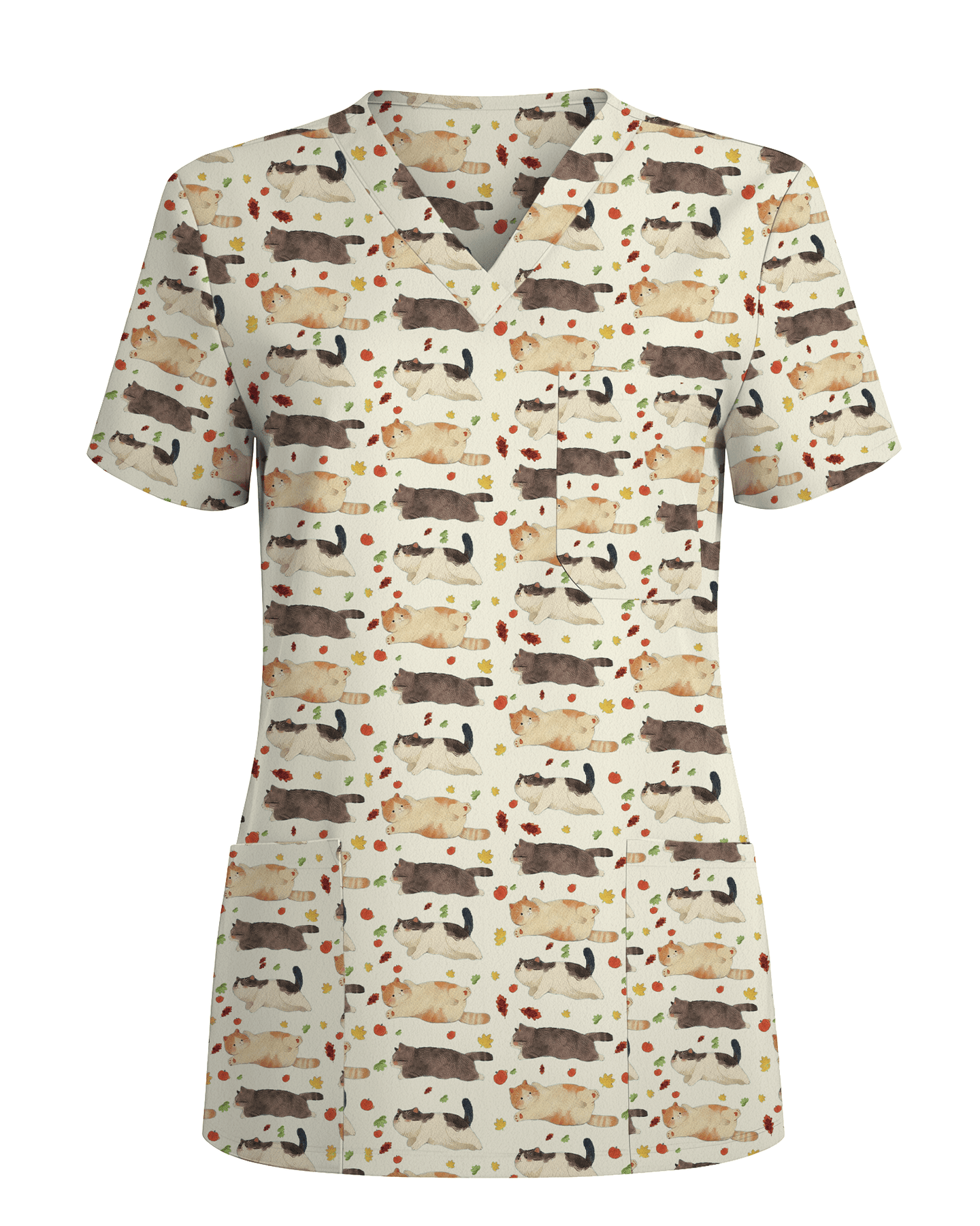 Chubby Cats & Autumn Leaves Scrub Top - Scrubloop