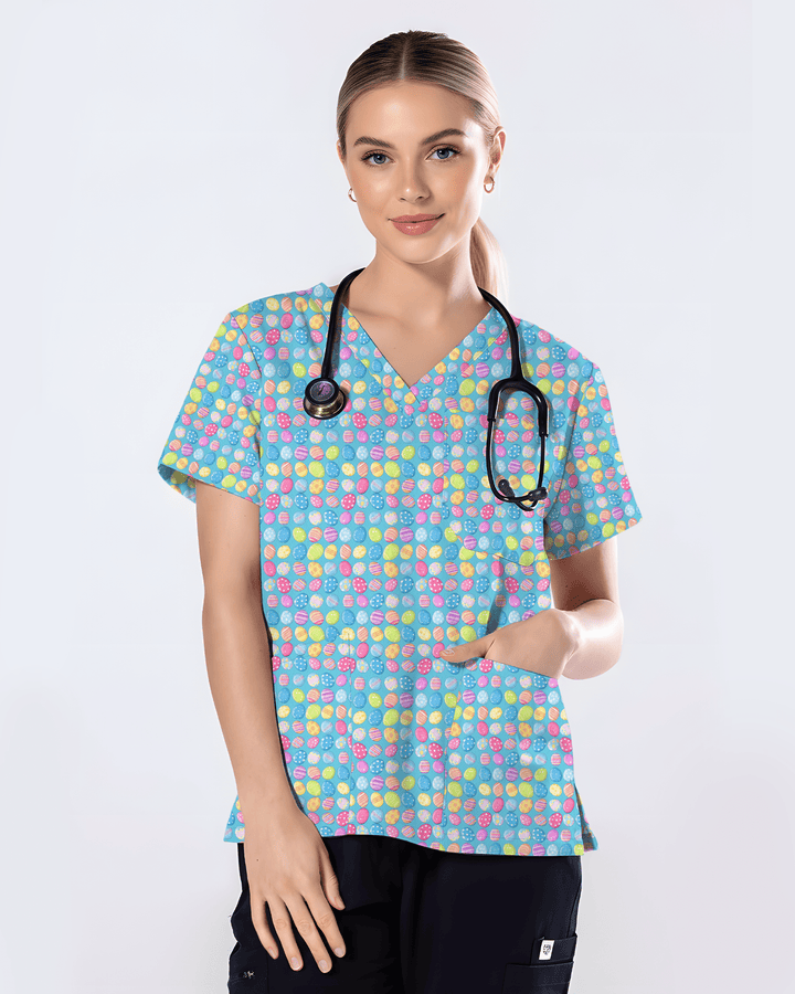 Colorful Easter Eggs Pastel Cute Nurse Scrub Top